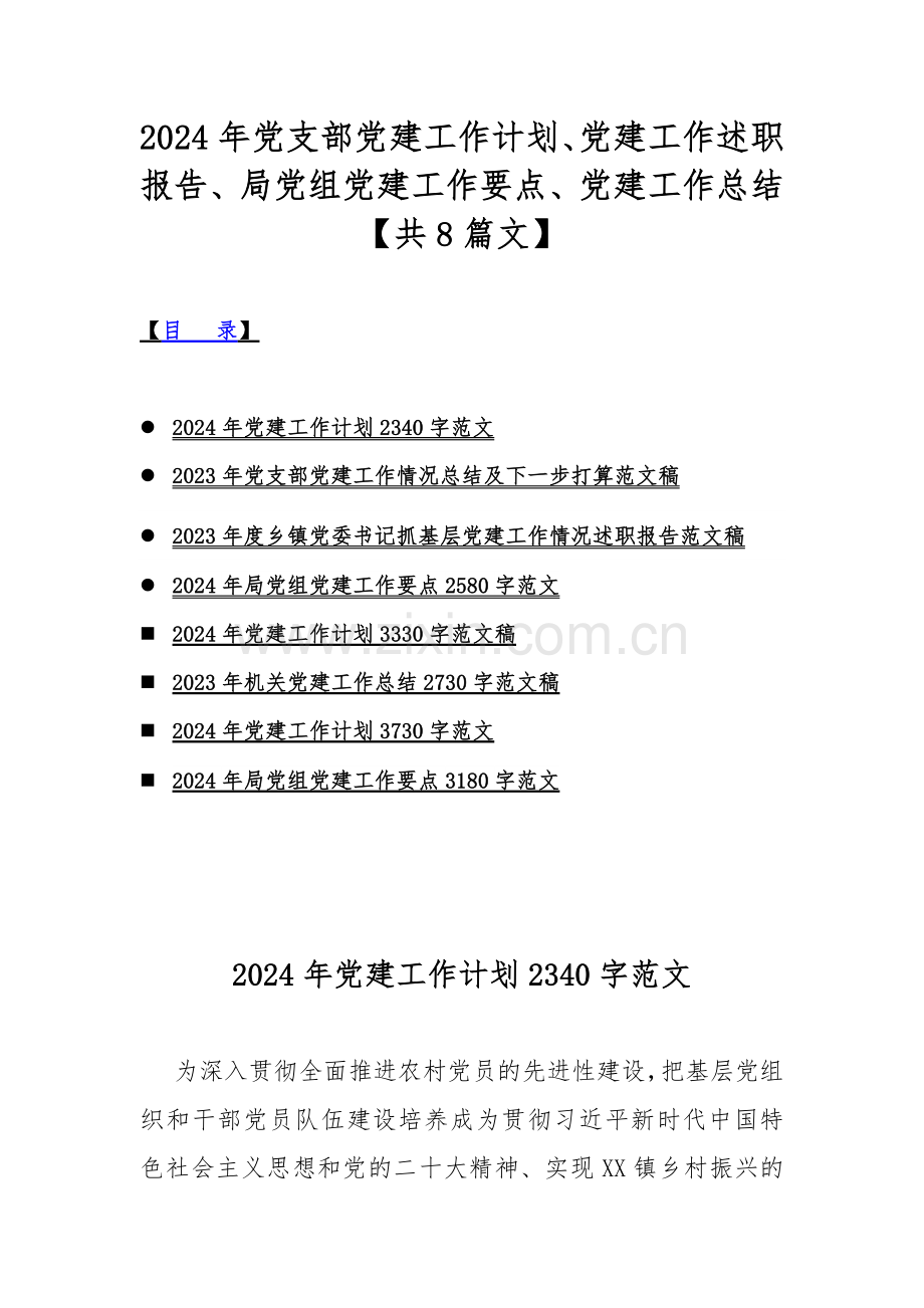 2024年党支部党建工作计划、党建工作述职报告、局党组党建工作要点、党建工作总结【共8篇文】.docx_第1页