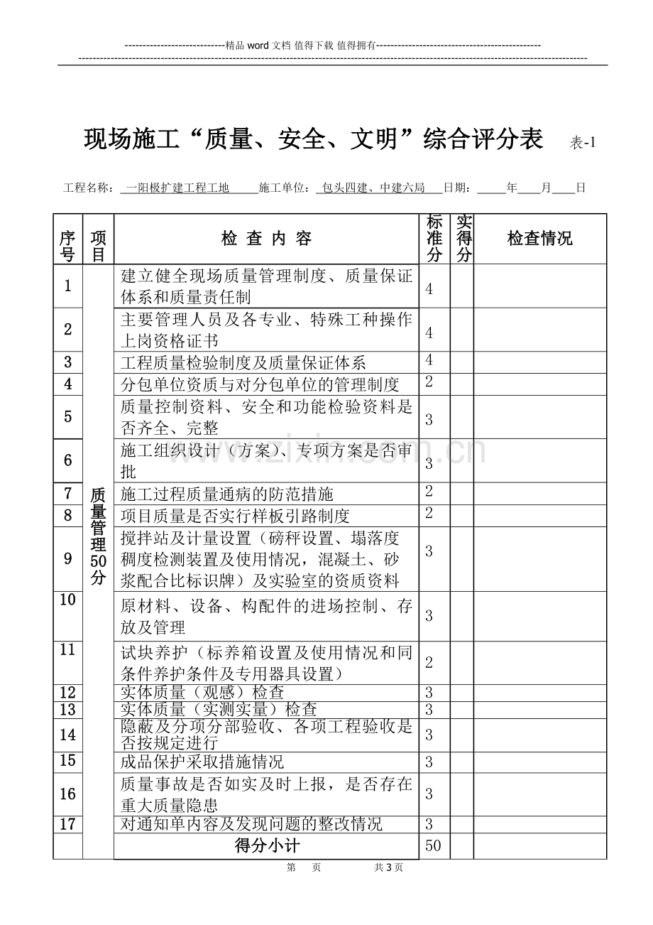 工程现场质量安全文明施工综合检查评分表.doc_第1页