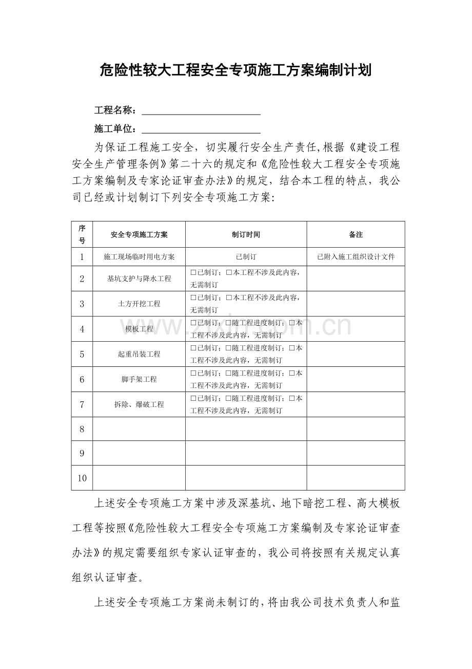 危险性较大工程安全专项施工方案编制计划.doc_第1页