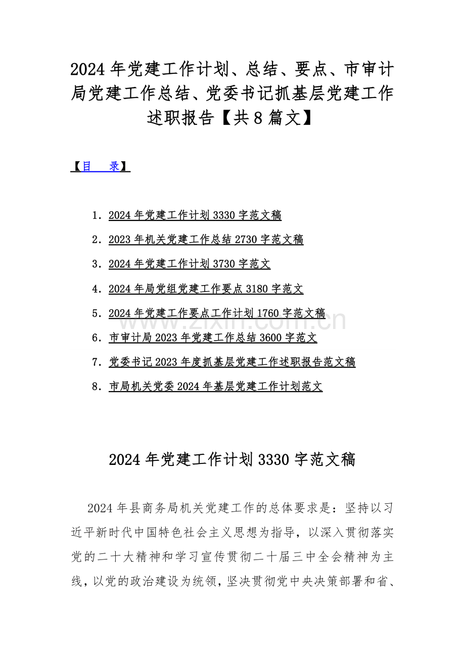 2024年党建工作计划、总结、要点、市审计局党建工作总结、党委书记抓基层党建工作述职报告【共8篇文】.docx_第1页