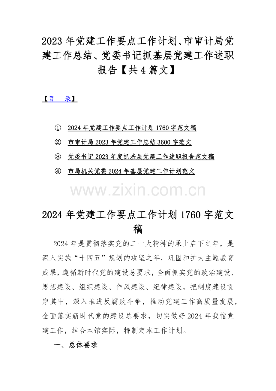 2023年党建工作要点工作计划、市审计局党建工作总结、党委书记抓基层党建工作述职报告【共4篇文】.docx_第1页