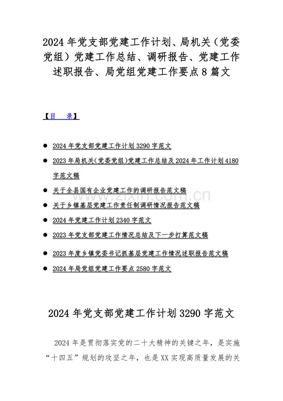 2024年党支部党建工作计划、局机关（党委党组）党建工作总结、调研报告、党建工作述职报告、局党组党建工作要点8篇文.docx_第1页