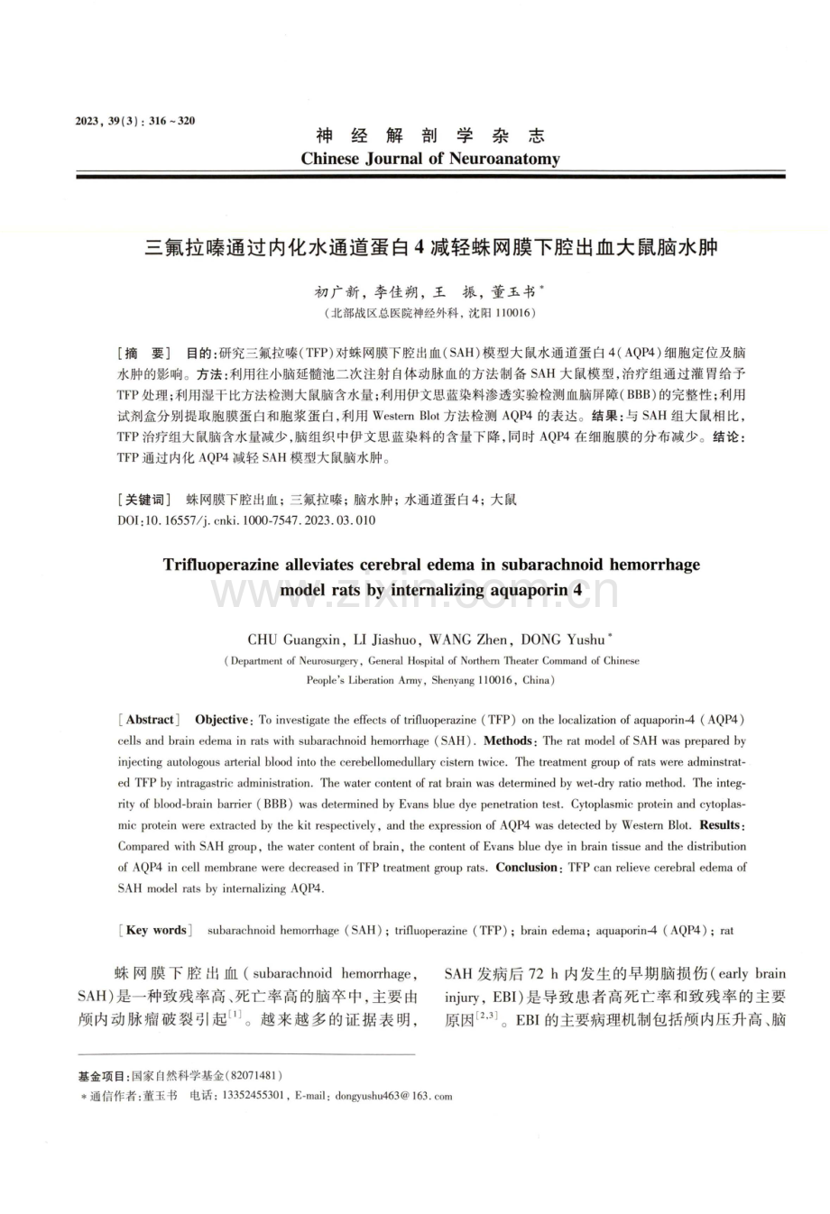 三氟拉嗪通过内化水通道蛋白4减轻蛛网膜下腔出血大鼠脑水肿.pdf_第1页