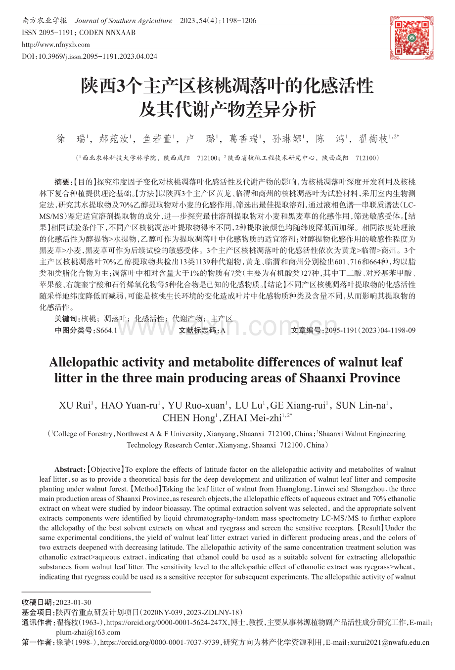 陕西3个主产区核桃凋落叶的化感活性及其代谢产物差异分析.pdf_第1页