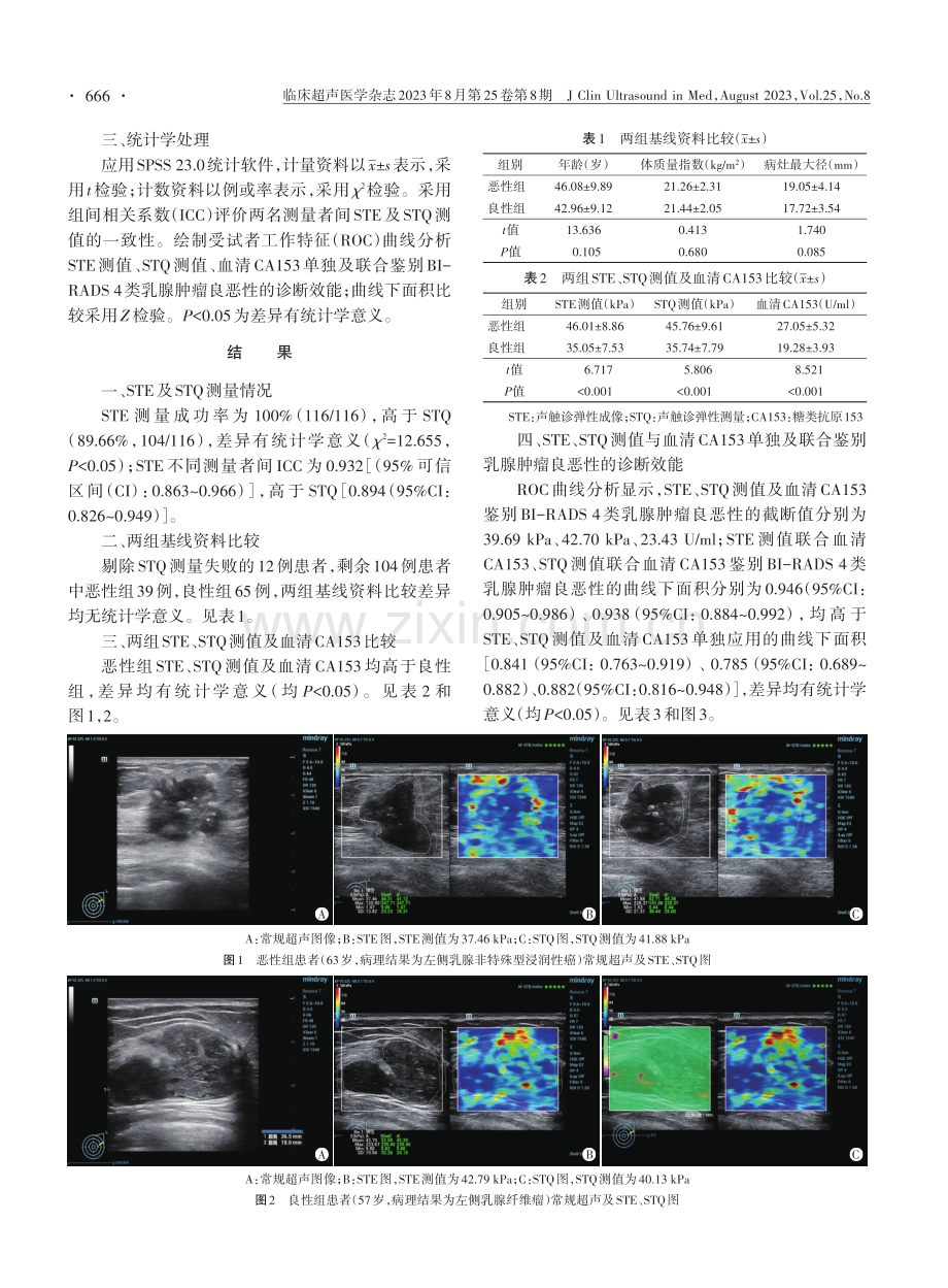 声触诊弹性成像、声触诊弹性测量联合血清糖类抗原153鉴别诊断BI-RADS 4类乳腺肿瘤的对比研究.pdf_第3页