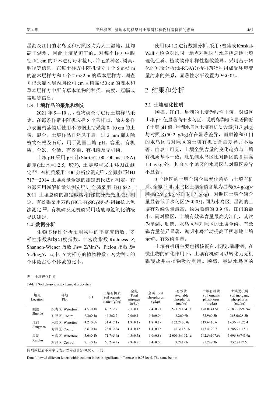 湿地水鸟栖息对土壤磷和植物群落特征的影响.pdf_第3页