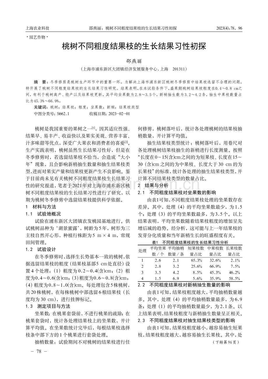 桃树不同粗度结果枝的生长结果习性初探.pdf_第1页