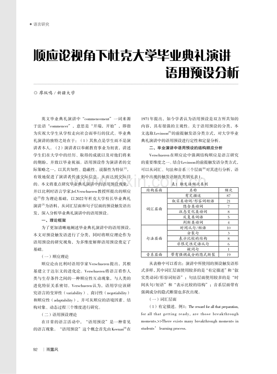 顺应论视角下杜克大学毕业典礼演讲语用预设分析.pdf_第1页