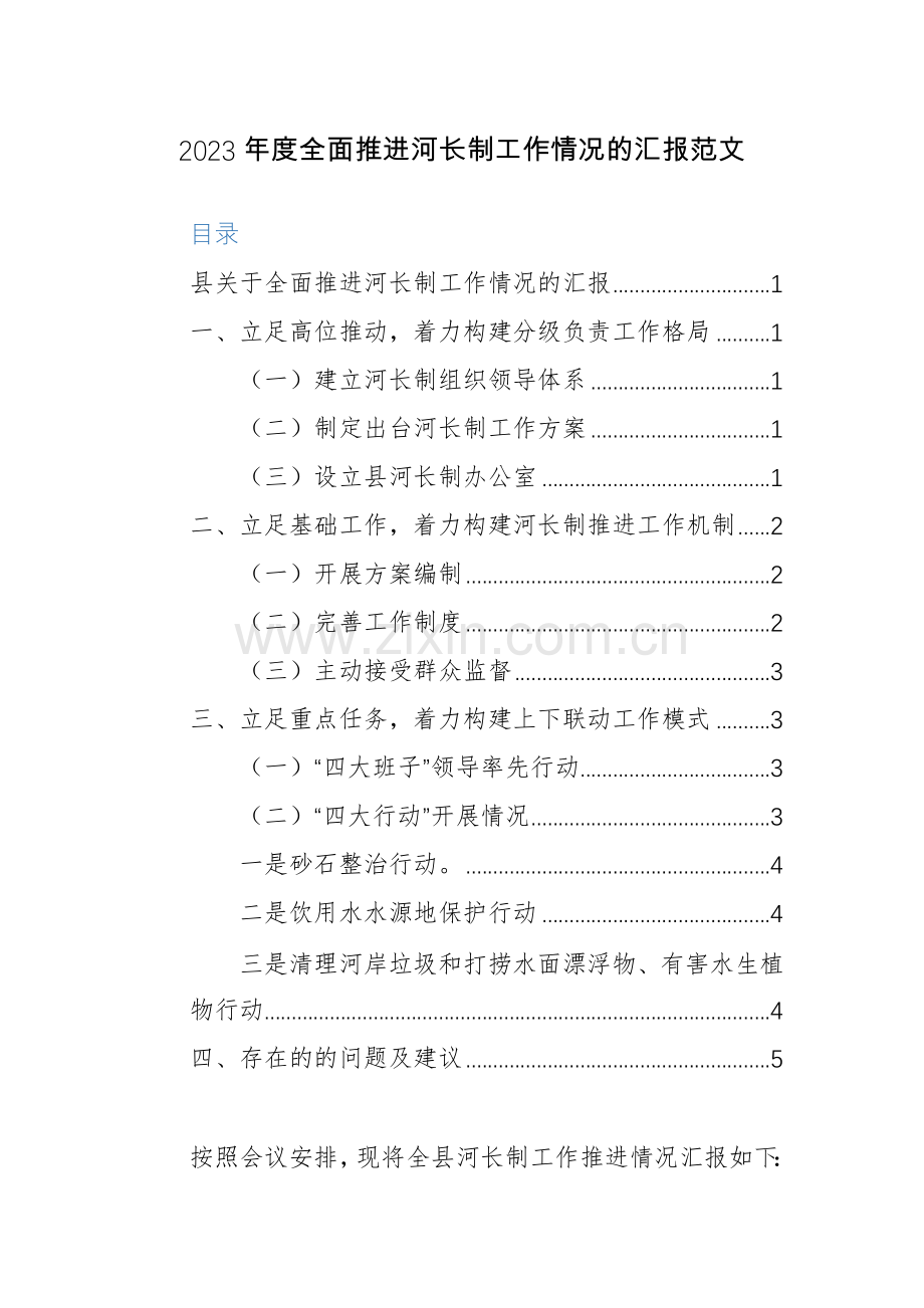 2023年度全面推进河长制工作情况的汇报范文.docx_第1页