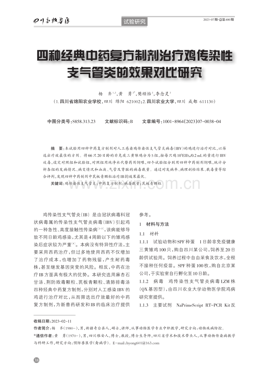 四种经典中药复方制剂治疗鸡传染性支气管炎的效果对比研究.pdf_第1页