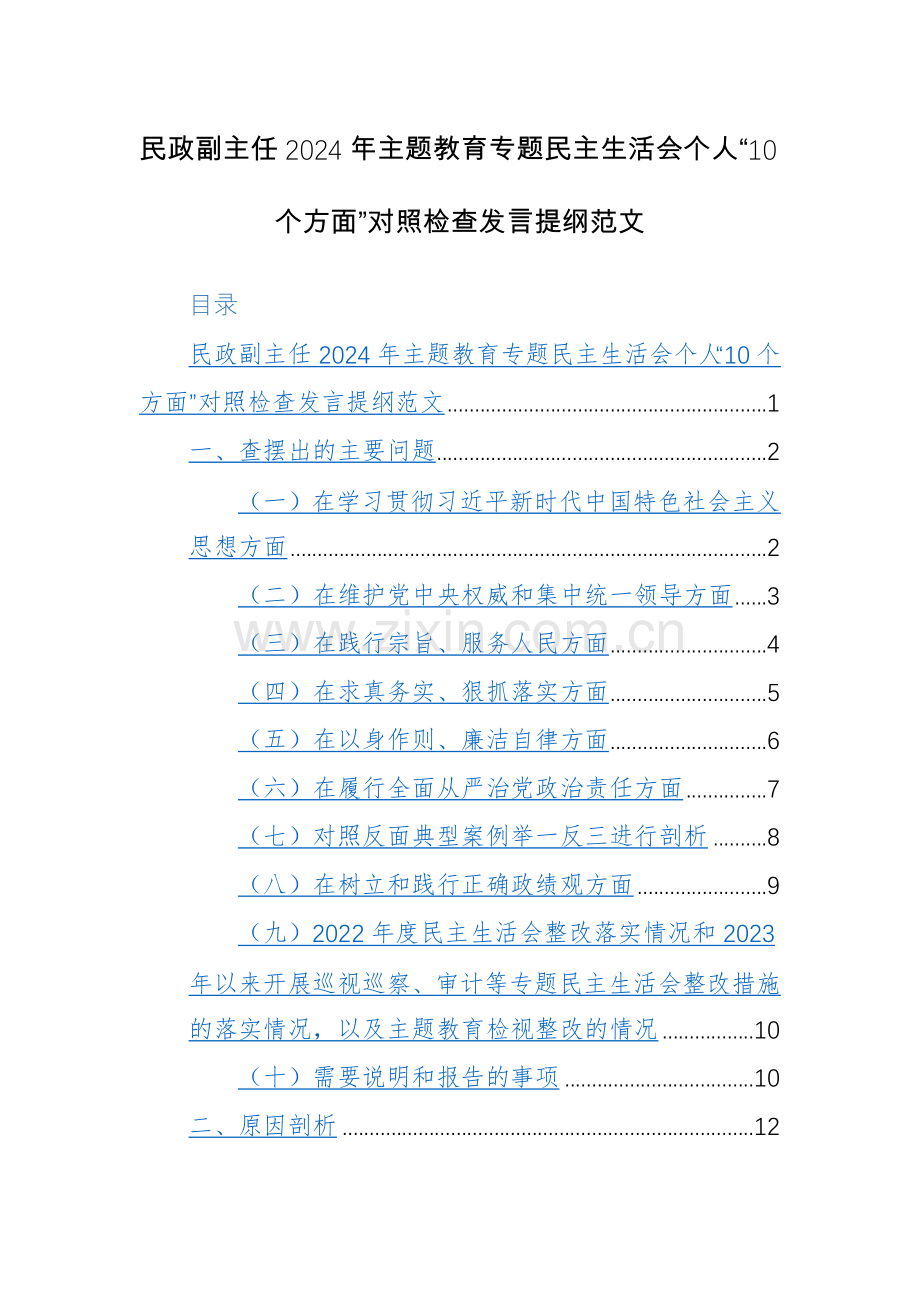 民政副主任2024年主题教育专题生活会个人“10个方面”对照检查发言提纲范文.docx_第1页