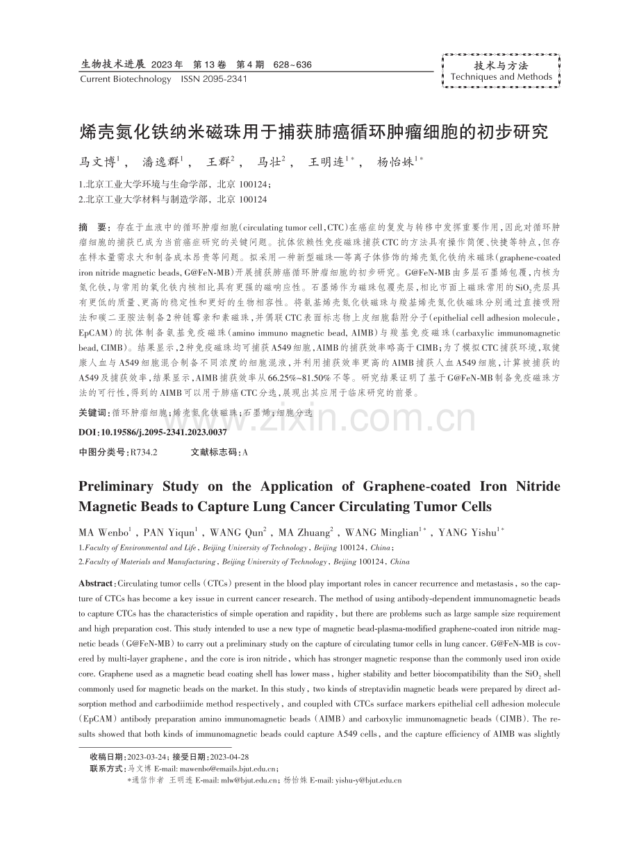 烯壳氮化铁纳米磁珠用于捕获肺癌循环肿瘤细胞的初步研究.pdf_第1页