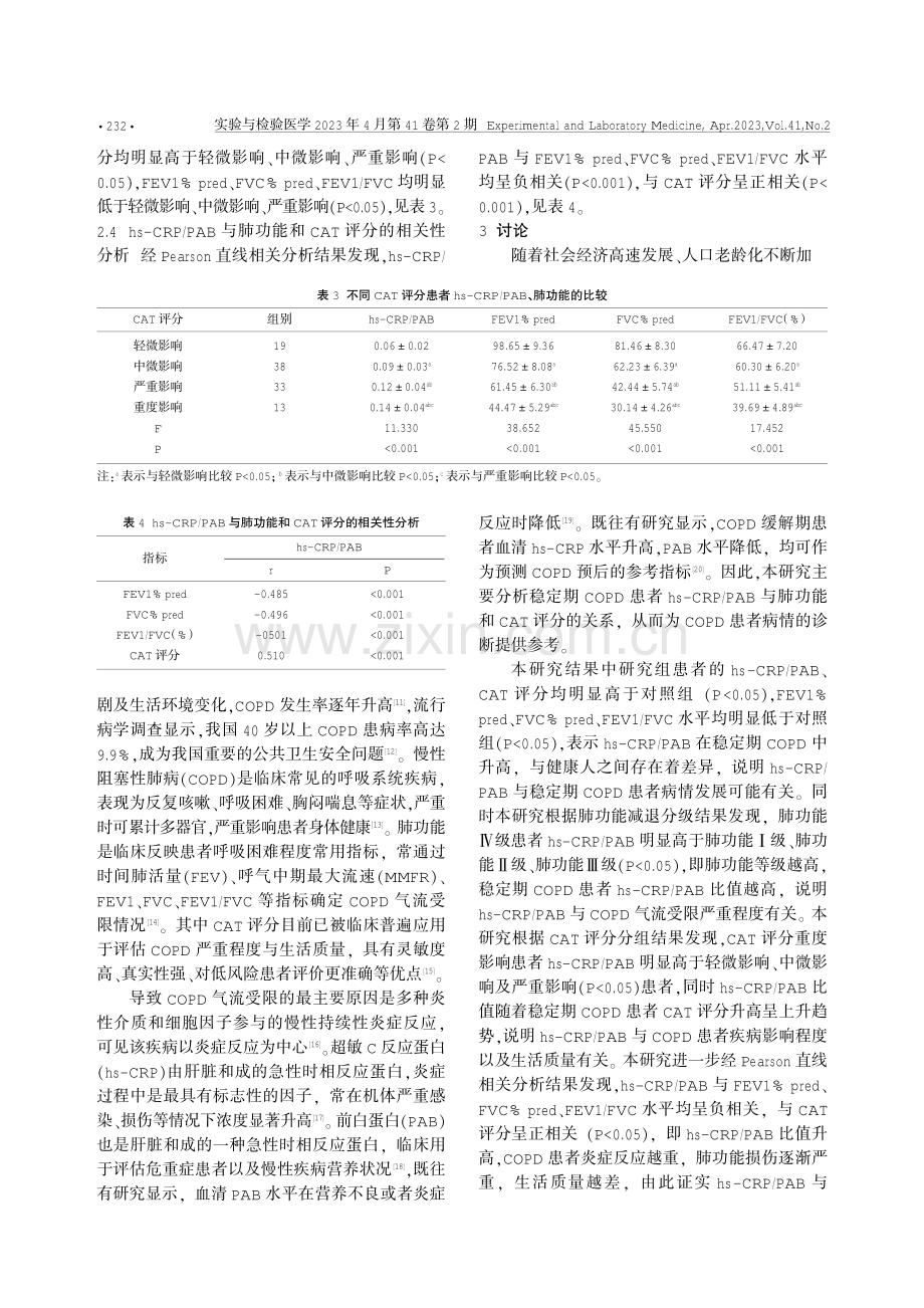 稳定期慢性阻塞性肺疾病患者hs-CRP_PAB比值与肺功能和CAT评分的关系.pdf_第3页