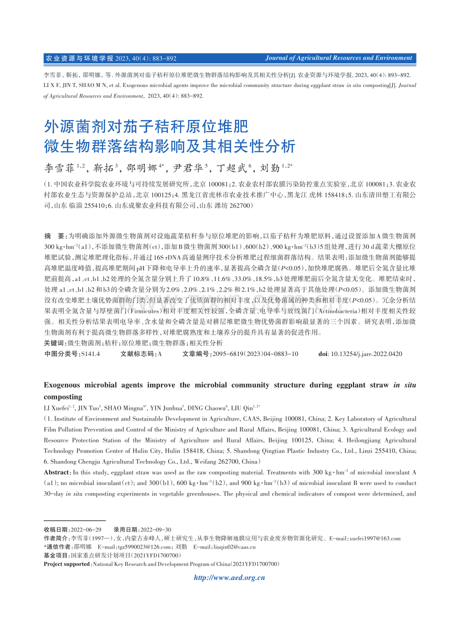 外源菌剂对茄子秸秆原位堆肥微生物群落结构影响及其相关性分析.pdf_第1页