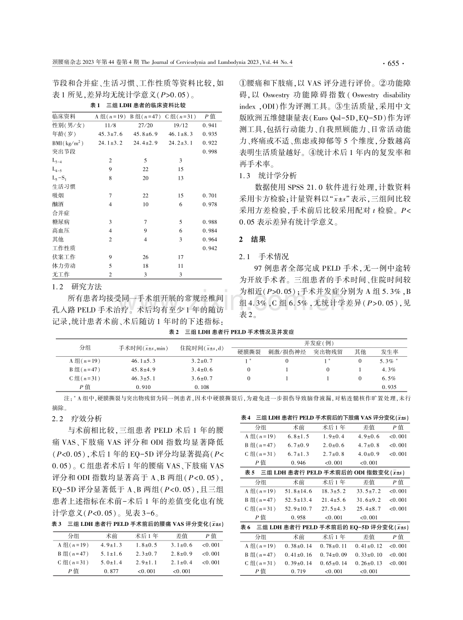 下肢根性痛持续时间与腰椎间盘突出症患者行椎间孔镜手术疗效及再手术率的相关性.pdf_第2页