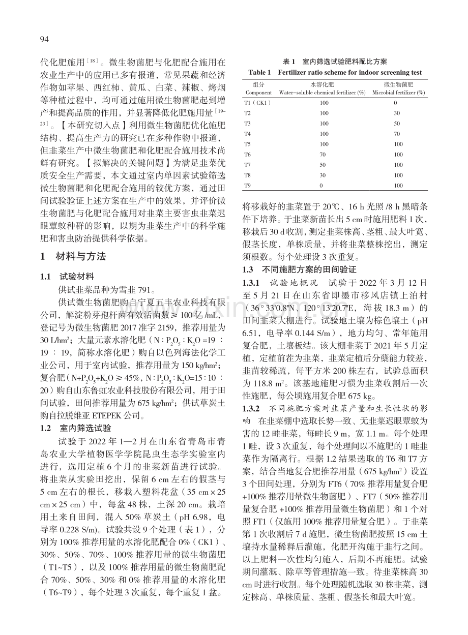 微生物菌肥与化肥配施对韭菜生产及韭菜迟眼蕈蚊发生量的影响.pdf_第3页