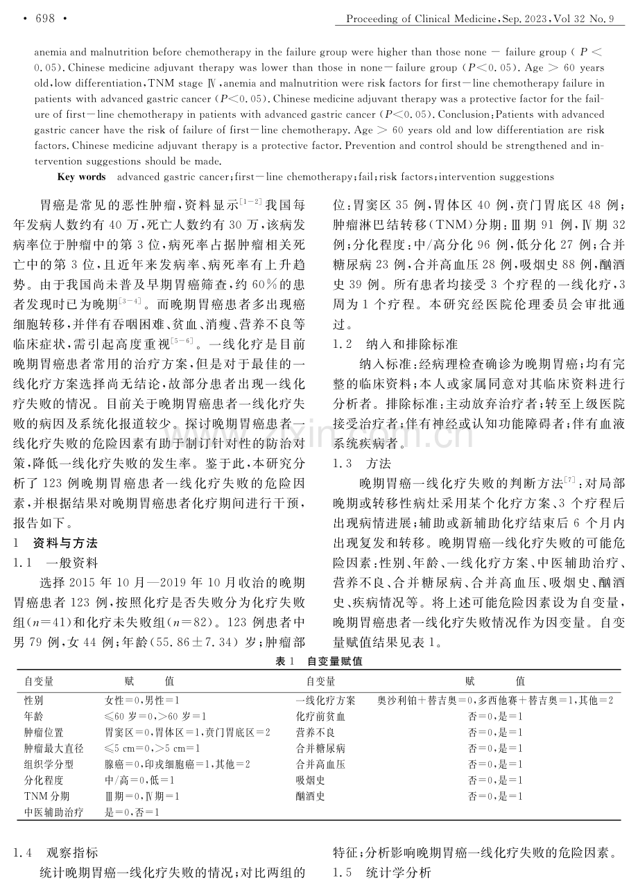 晚期胃癌一线化疗失败的危险因素分析及干预措施.pdf_第2页