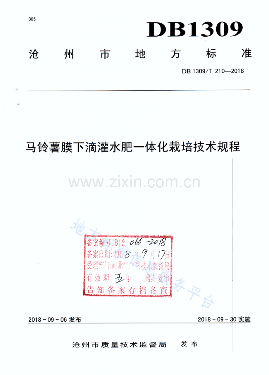 DB1309T 210-2018《马铃薯膜下滴灌水肥一体化栽培技术规程》.docx_第1页