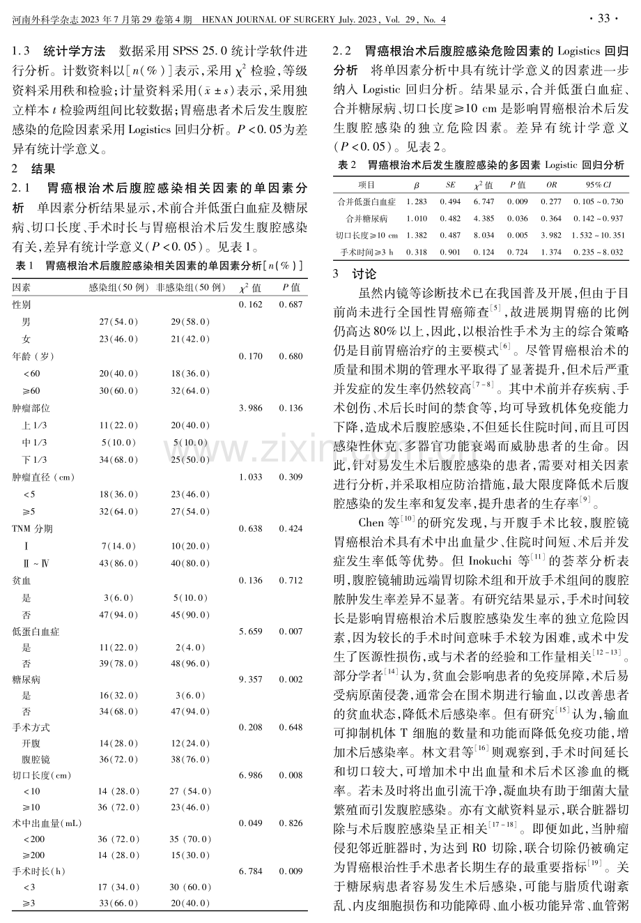 胃癌根治术后患者发生腹腔感染的相关因素分析.pdf_第2页