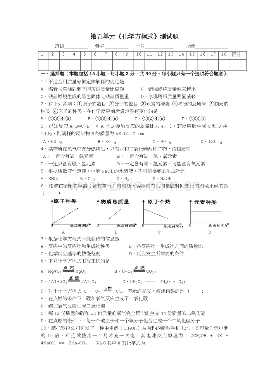 质量守恒定律测试题.doc_第1页