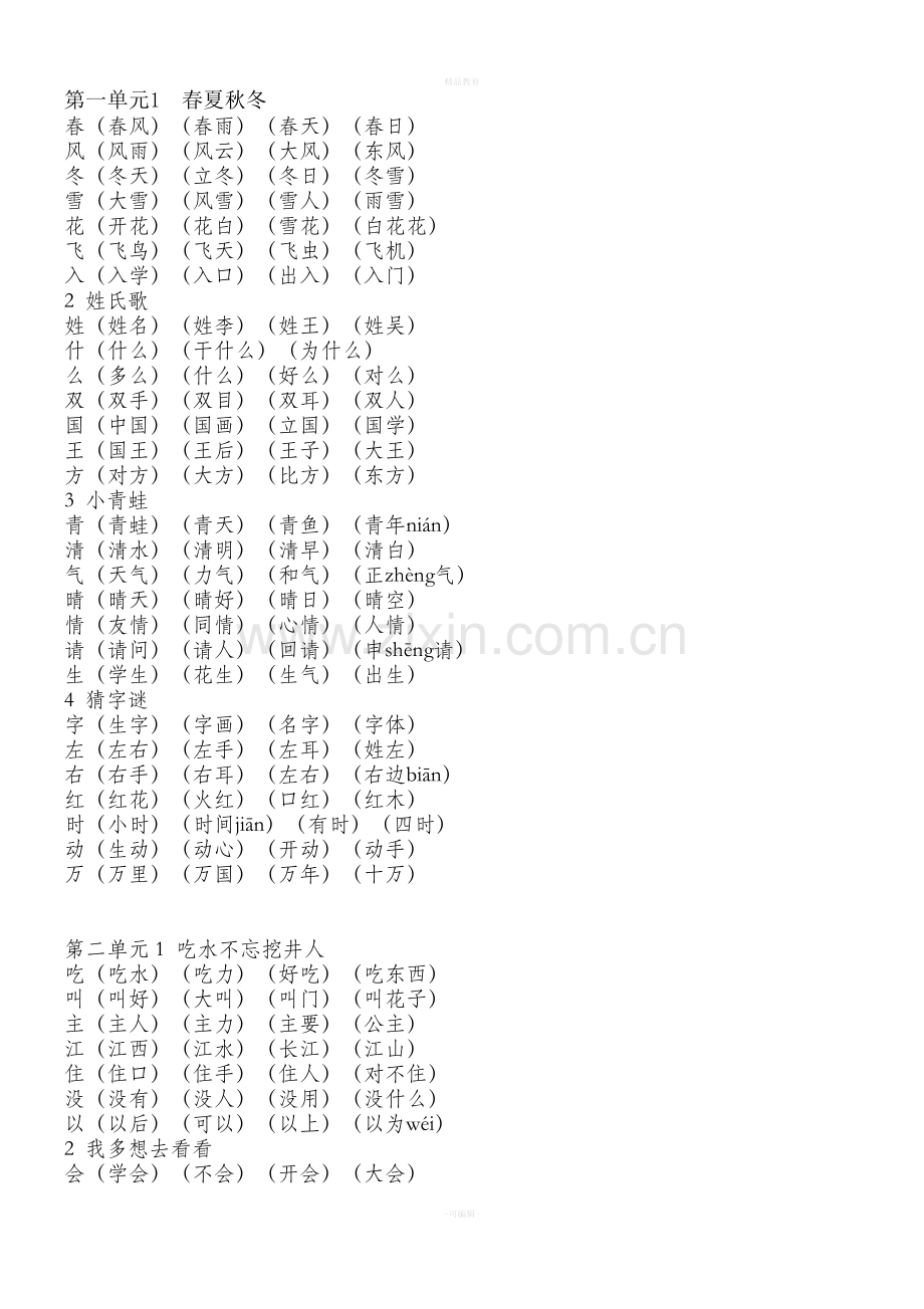 新部编人教版一年级语文下册生字组词.doc_第1页