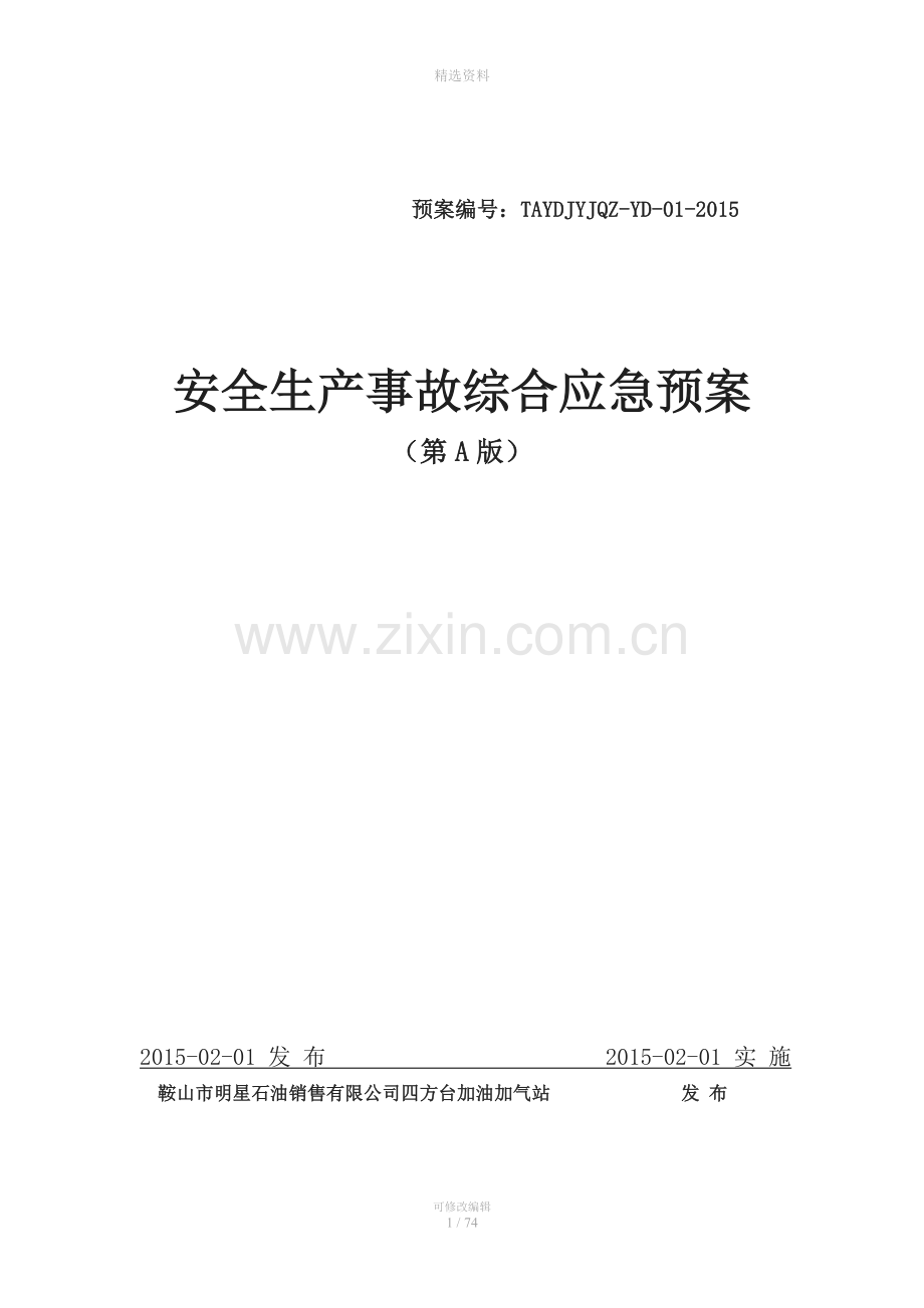 安全生产事故综合应急预案-公司(加气站).doc_第1页