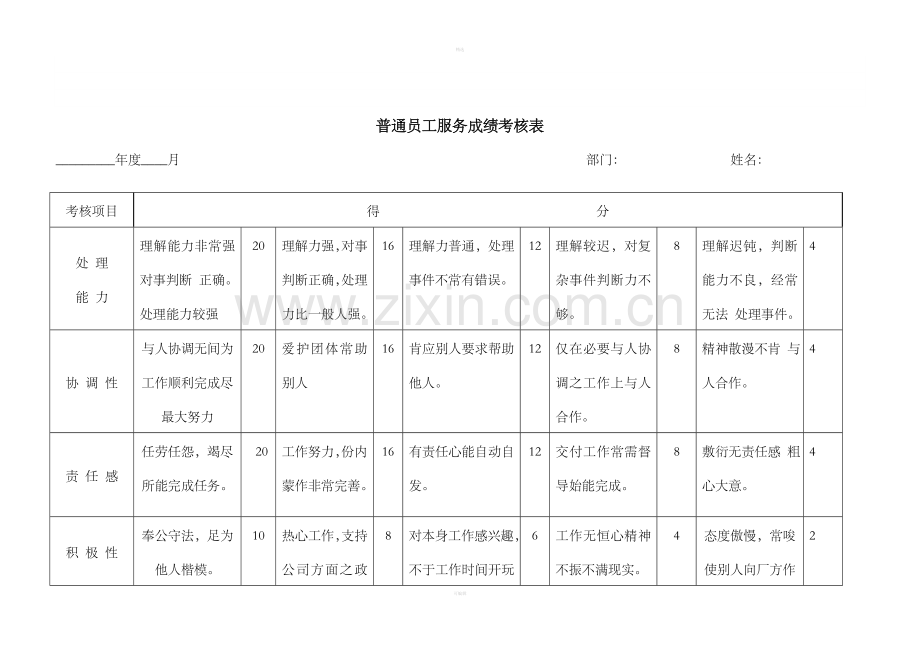 普通员工服务成绩考核表(3).doc_第1页