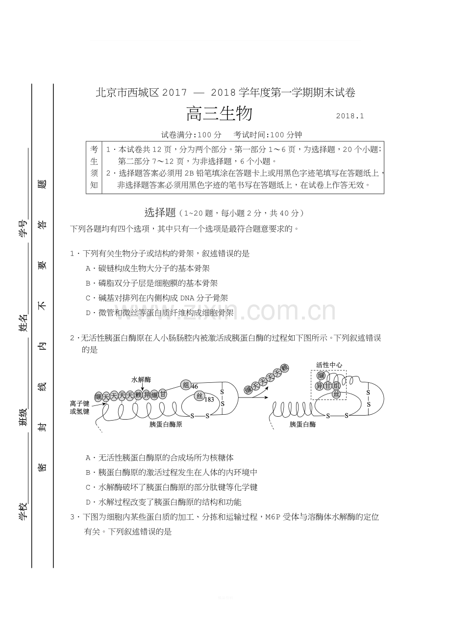 2018年西城高三期末生物卷.doc_第1页