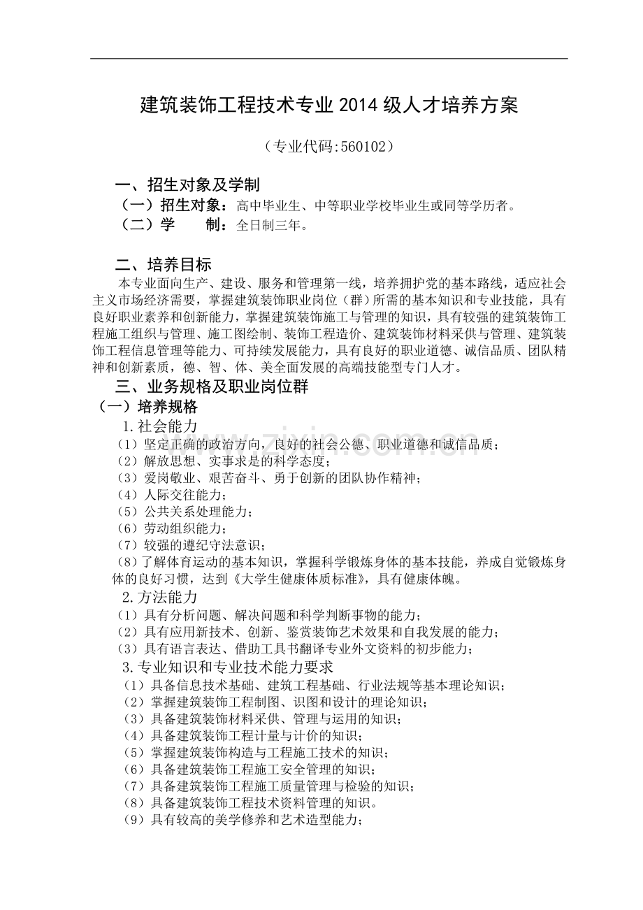 建筑装饰工程技术专业人才培养方案2014.doc_第1页