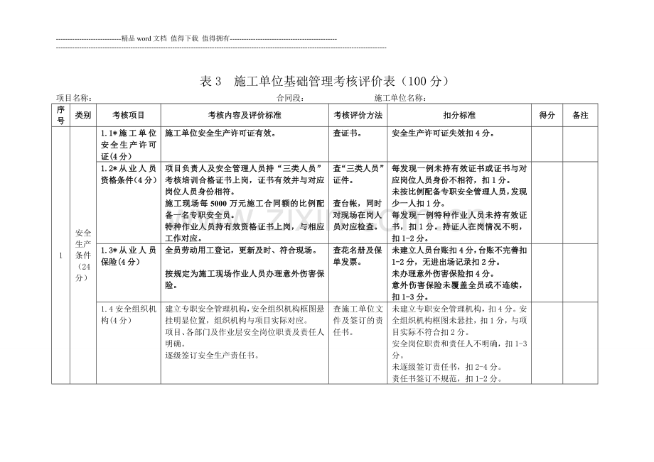 施工单位基础管理考核评价表.doc_第1页