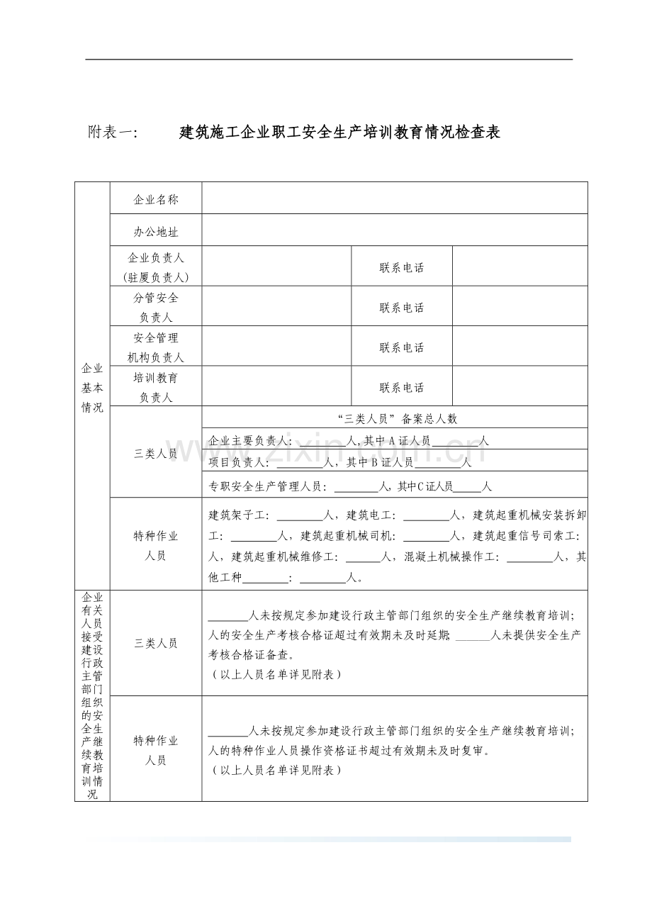 附表一建筑施工企业职工安全生产培训教育情况检查表.doc_第1页