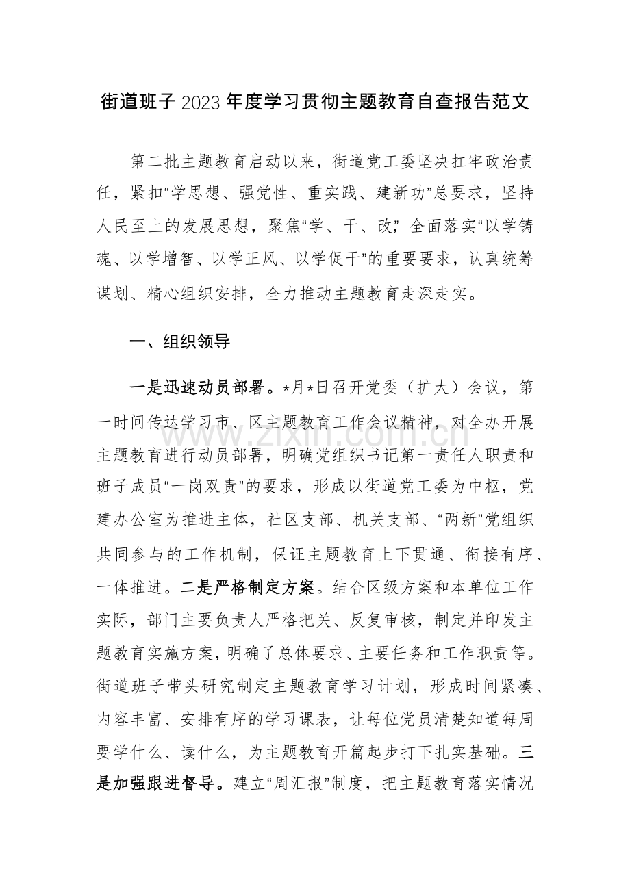 街道班子2023年度学习贯彻主题教育自查报告范文.docx_第1页