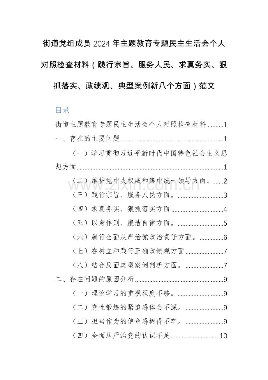 街道党组成员2024年主题教育专题生活会个人对照检查材料（践行宗旨、服务人民、求真务实、狠抓落实、政绩观、典型案例新八个方面）范文.docx_第1页