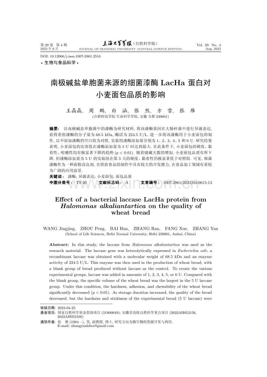 南极碱盐单胞菌来源的细菌漆酶LacHa蛋白对小麦面包品质的影响.pdf_第1页