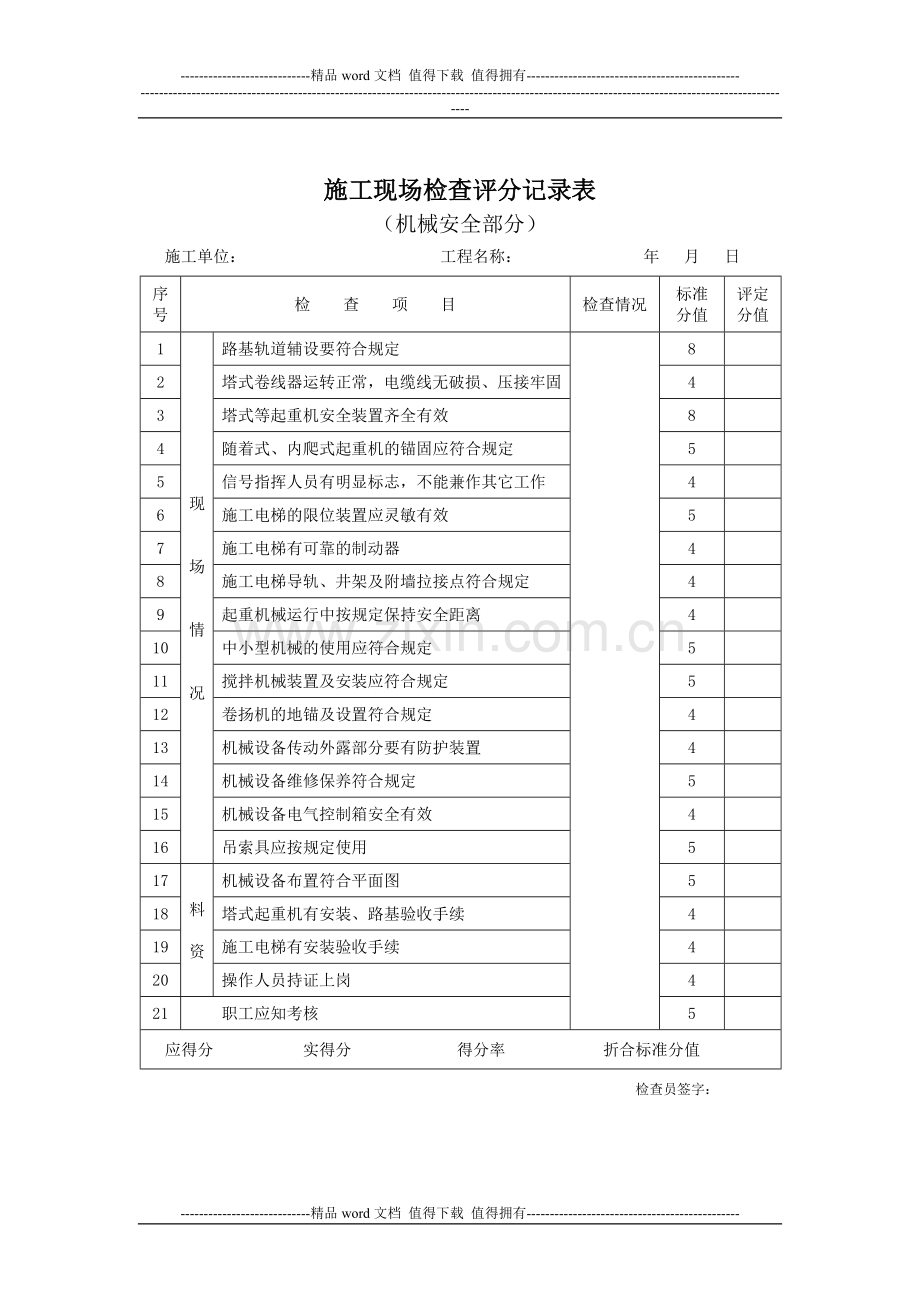 施工现场检查评分记录表(机械安全部分).doc_第1页