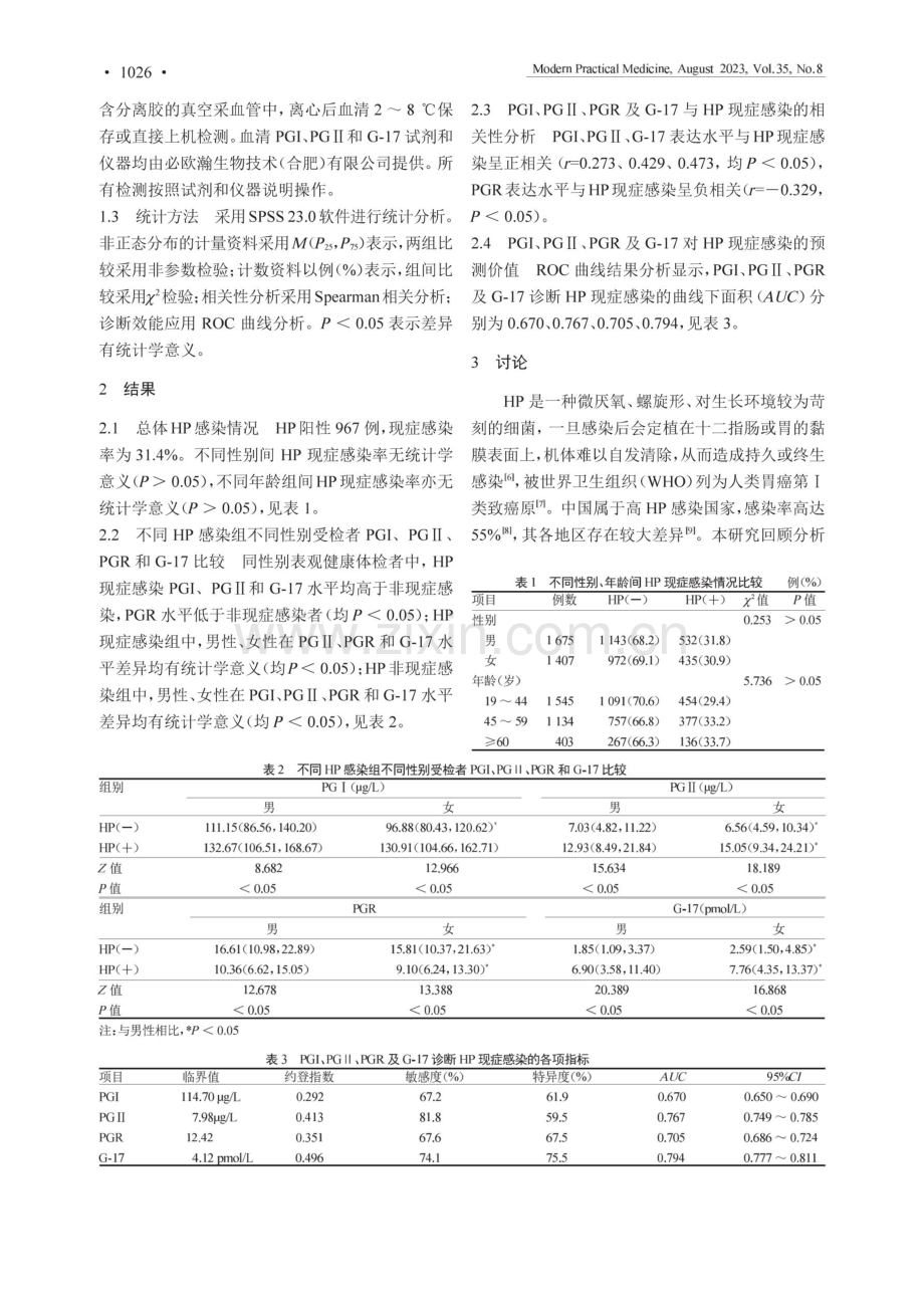 宁波地区表观健康成人胃蛋白酶原、胃泌素17对幽门螺杆菌现症感染的诊断价值.pdf_第2页