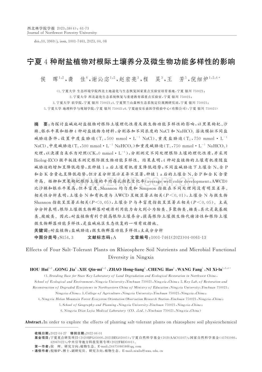 宁夏4种耐盐植物对根际土壤养分及微生物功能多样性的影响.pdf_第1页