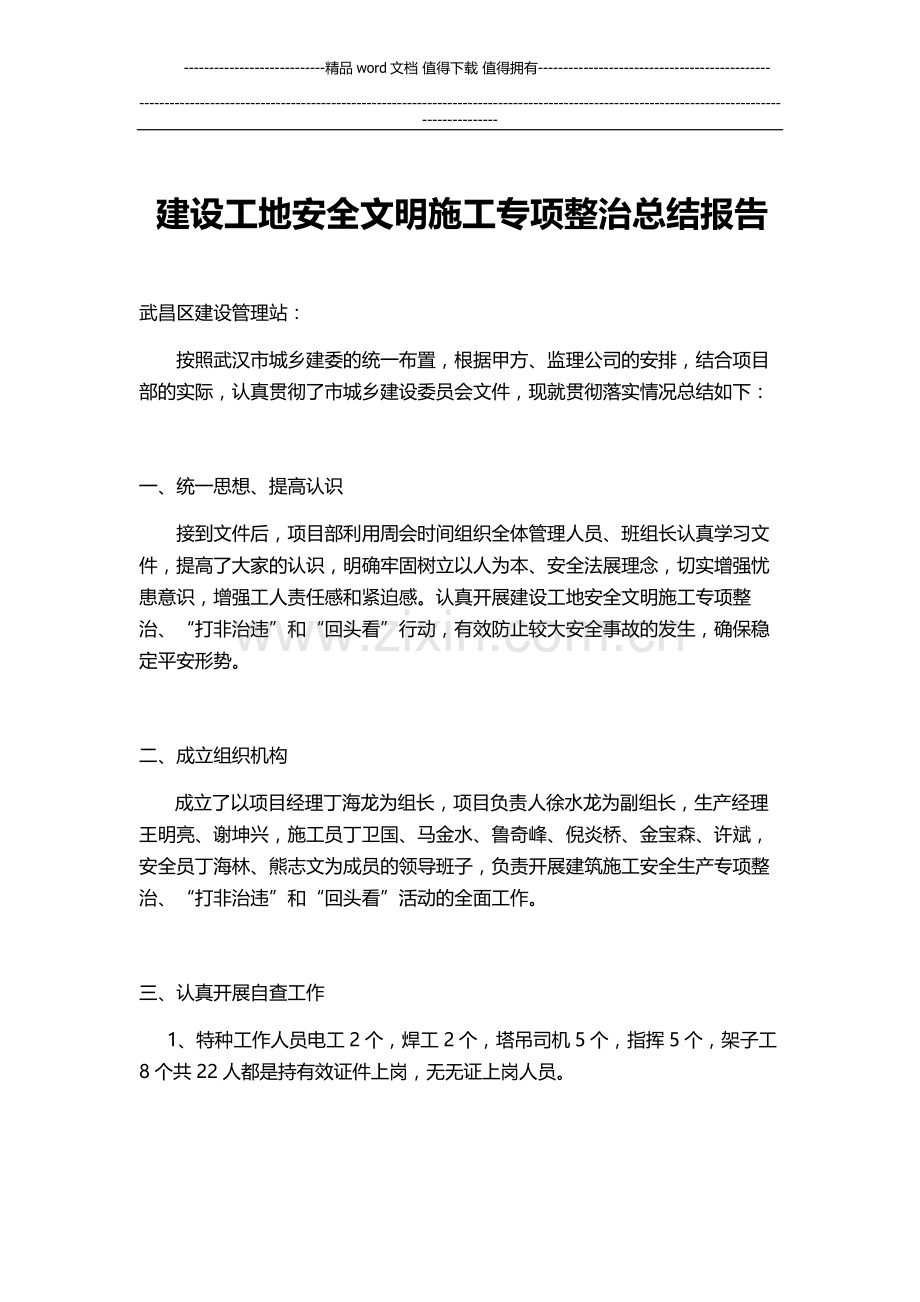 建设工地安全文明施工专项整治总结报告.doc_第1页