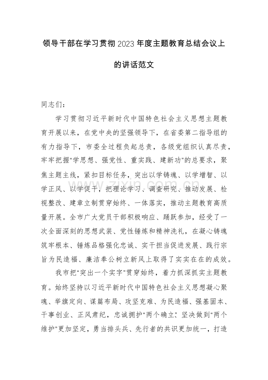 领导干部在学习贯彻2023年度主题教育总结会议上的讲话范文.docx_第1页