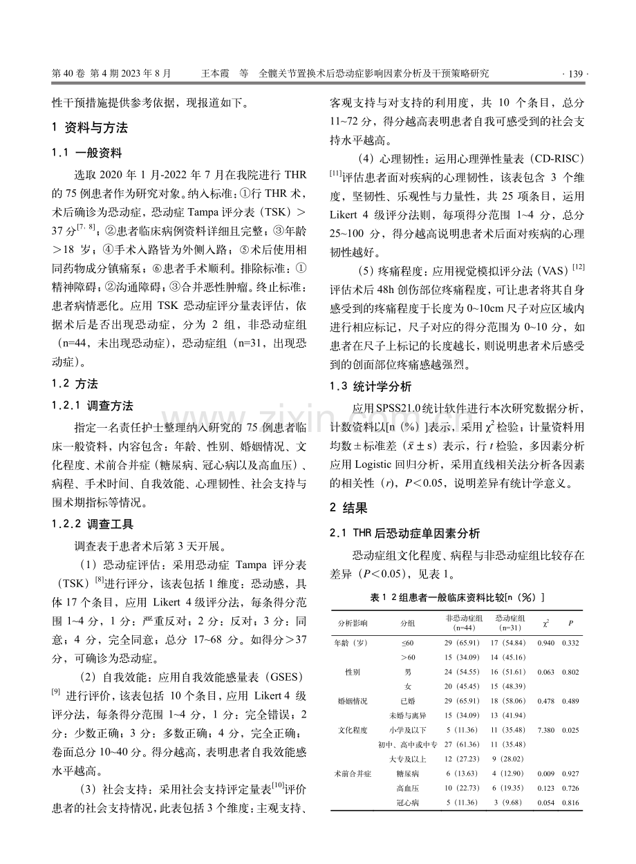 全髋关节置换术后恐动症影响因素分析及干预策略研究.pdf_第2页