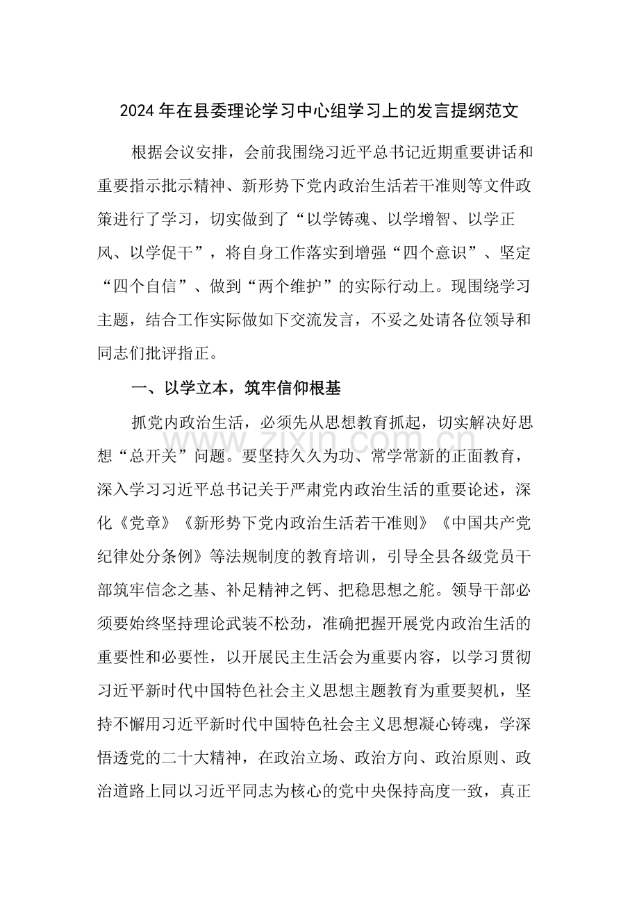 2024年在县委理论学习中心组学习上的发言提纲范文.docx_第1页