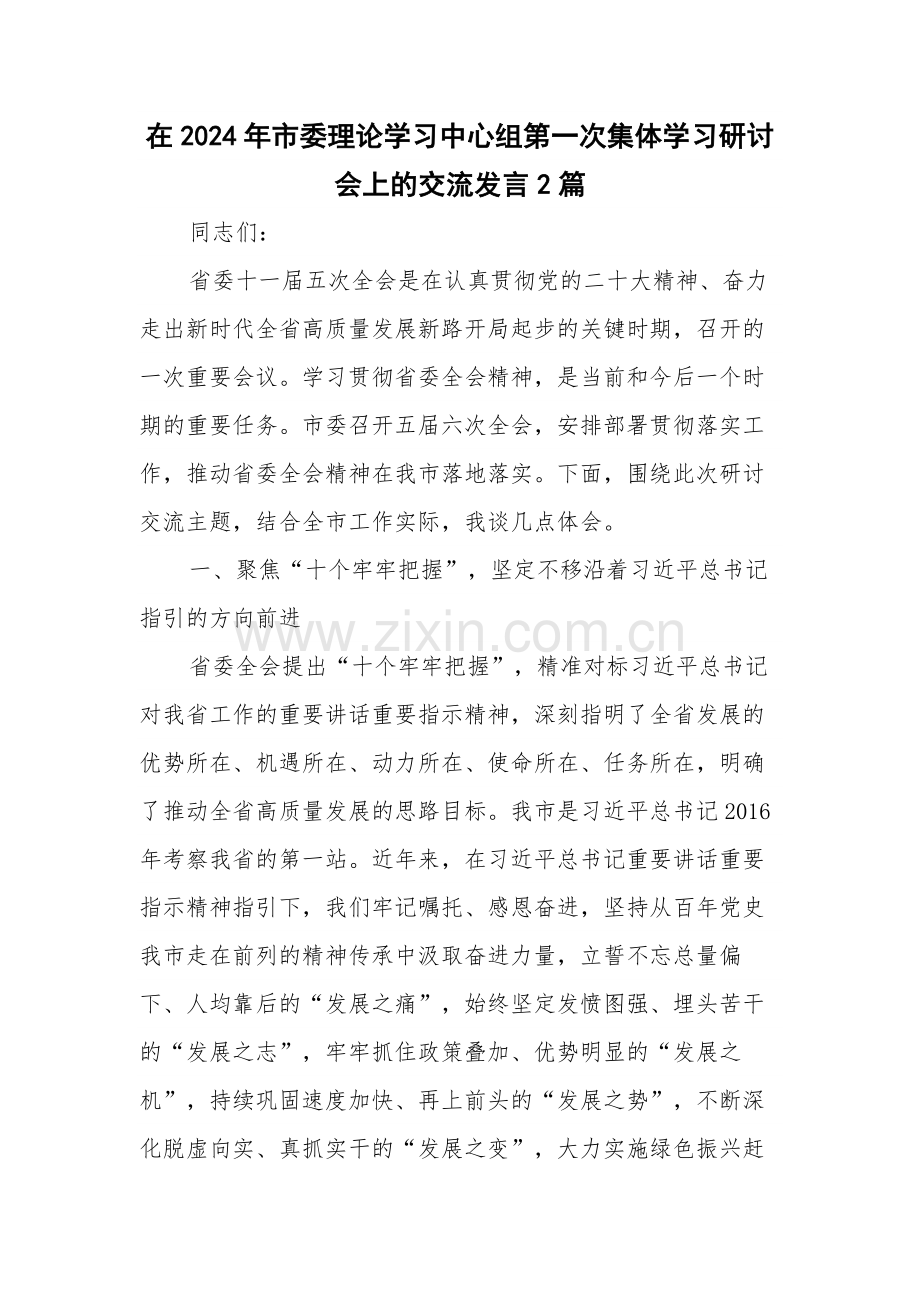 在2024年市委理论学习中心组第一次集体学习研讨会上的交流发言2篇.docx_第1页