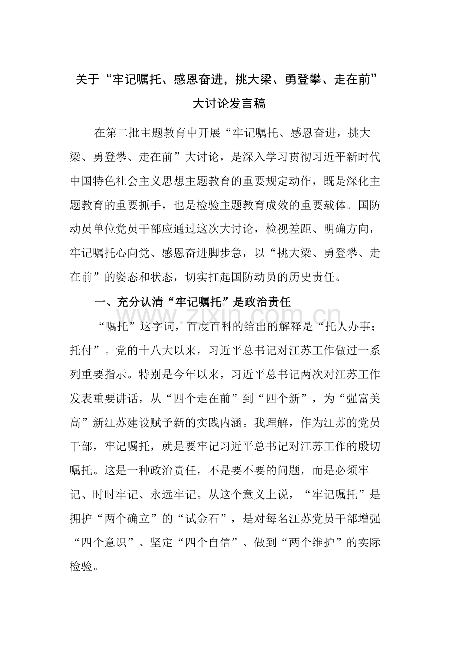 关于“牢记嘱托、感恩奋进挑大梁、勇登攀、走在前”大讨论发言稿.docx_第1页