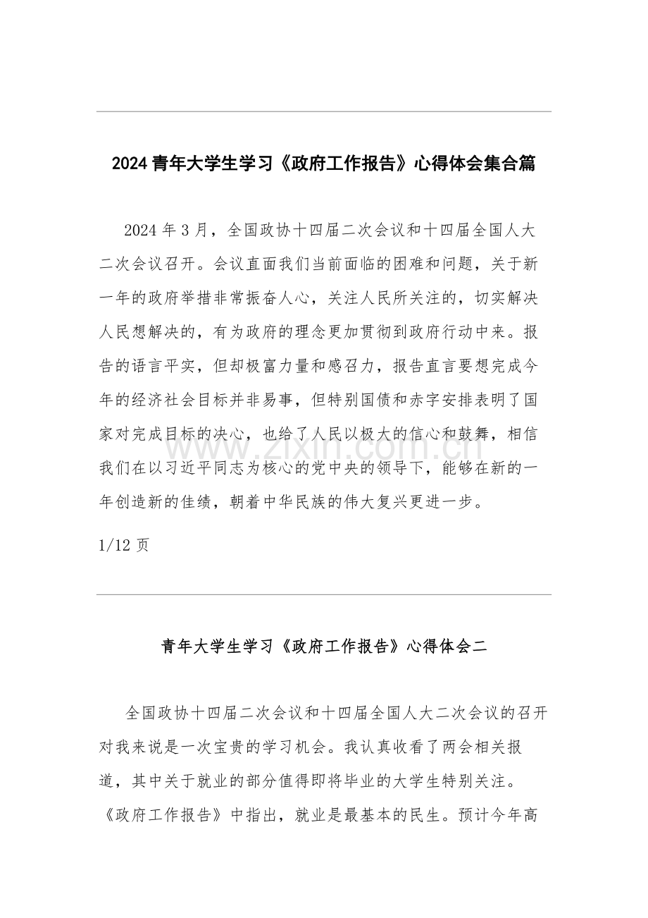 2024青年大学生学习《政府工作报告》心得体会集合篇.docx_第1页