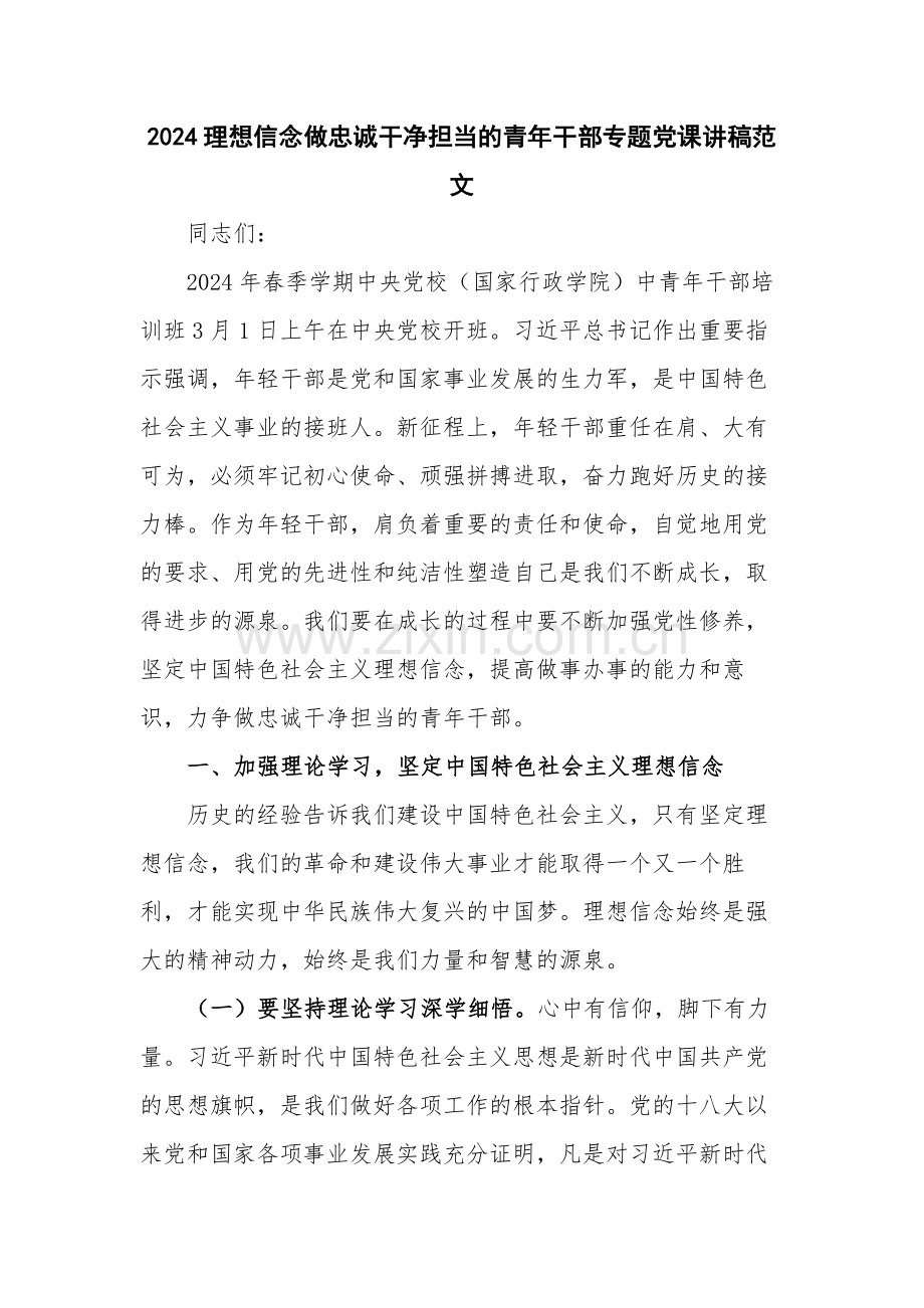 2024理想信念做忠诚干净担当的青年干部专题党课讲稿范文.docx_第1页