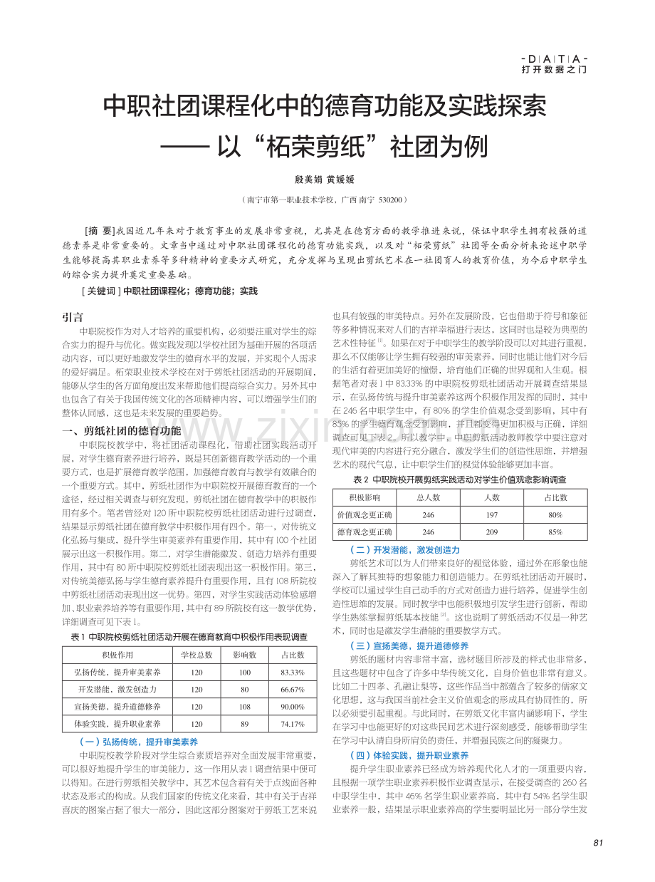 中职社团课程化中的德育功能及实践探索--以“柘荣剪纸”社团为例.pdf_第1页