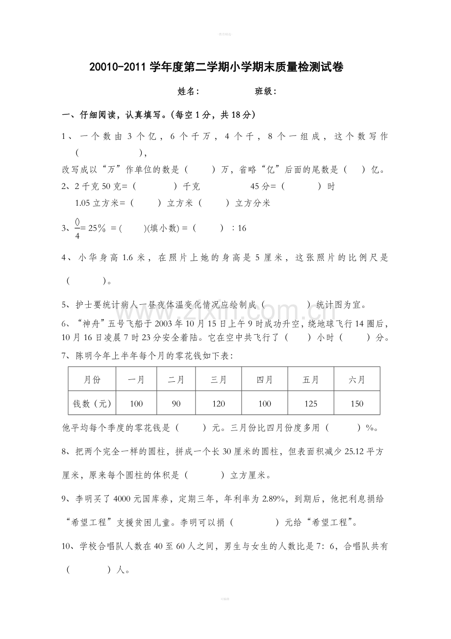 小学数学六年级下册期末试卷.doc_第1页