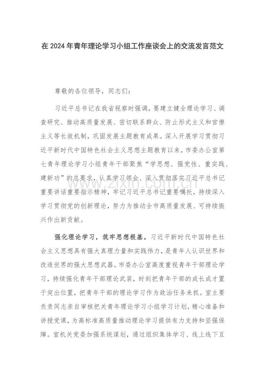 在2024年青年理论学习小组工作座谈会上的交流发言范文.docx_第1页