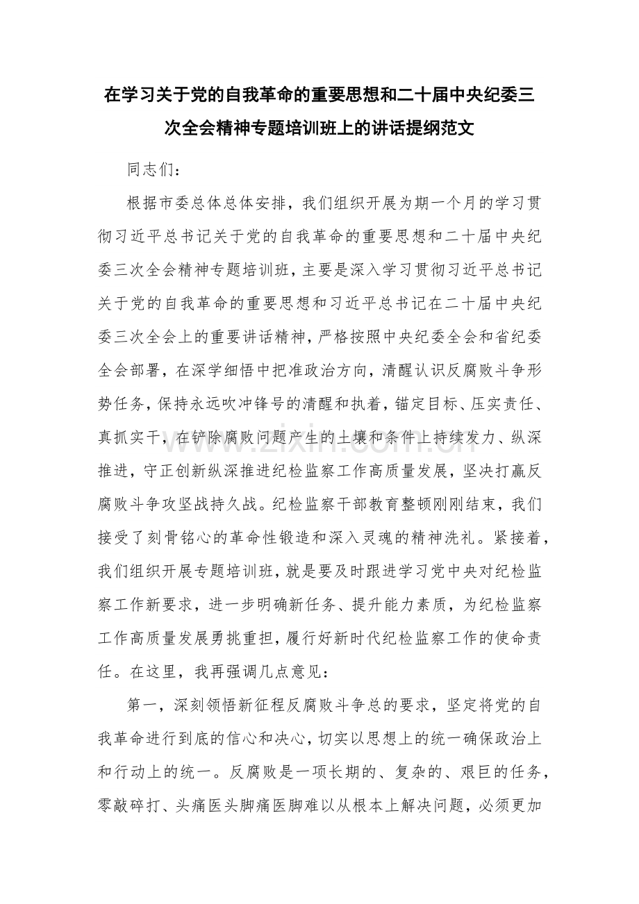 在学习关于党的自我革命的重要思想和二十届中央纪委三次全会精神专题培训班上的讲话提纲范文.docx_第1页