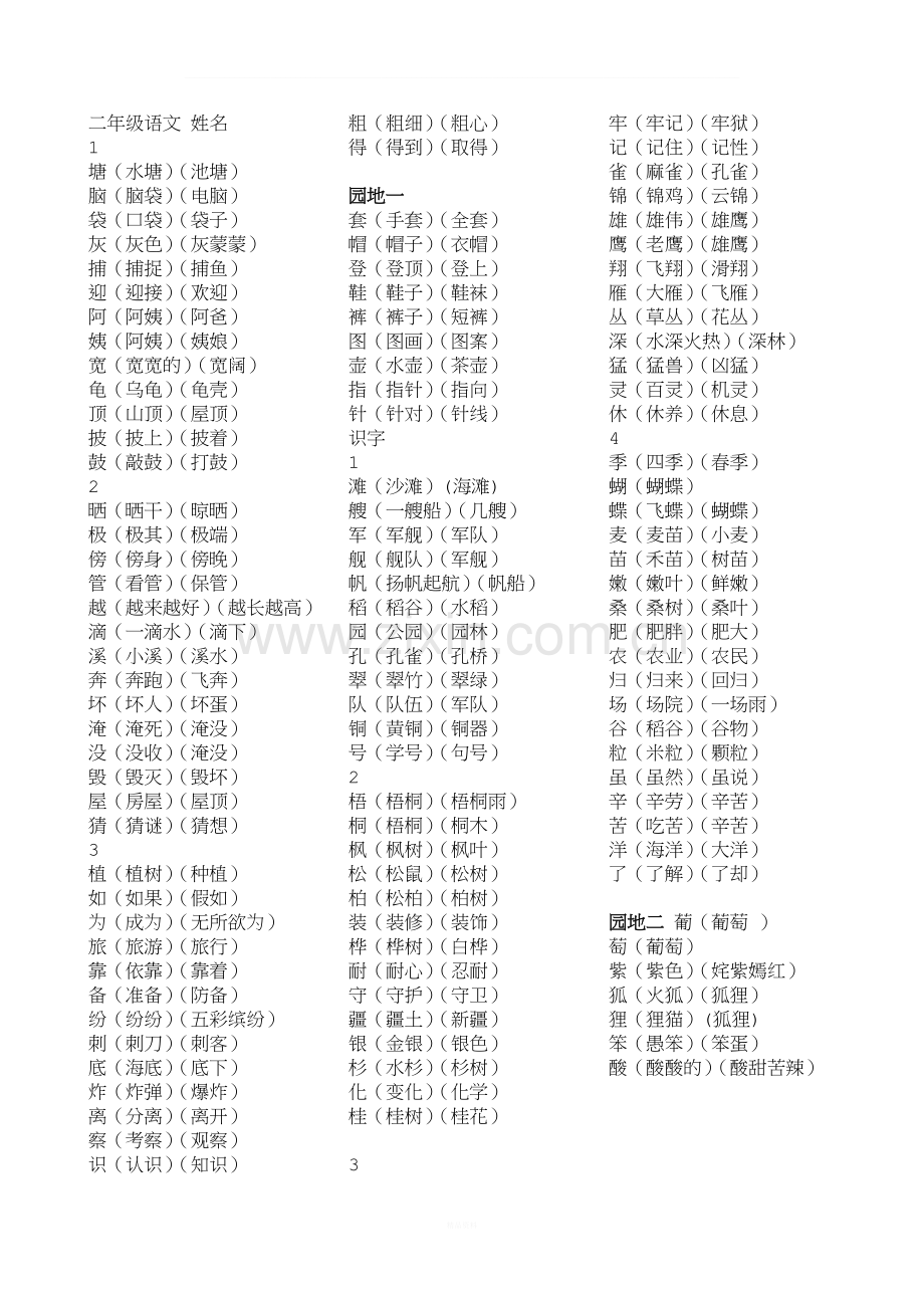 二年级上册语文生字表组词.doc_第1页